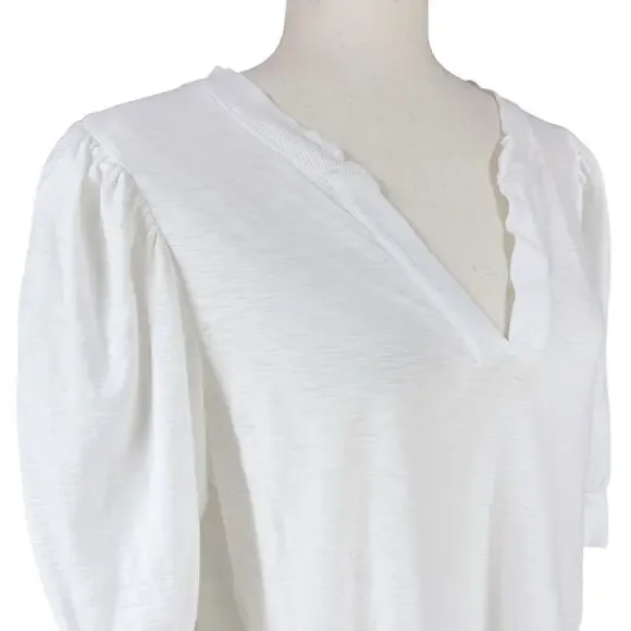 NATION LTD Lou Peasant Top 100% Pima Cotton Puff Sleeve V-Neck Tee White Size L - Picture 3 of 8